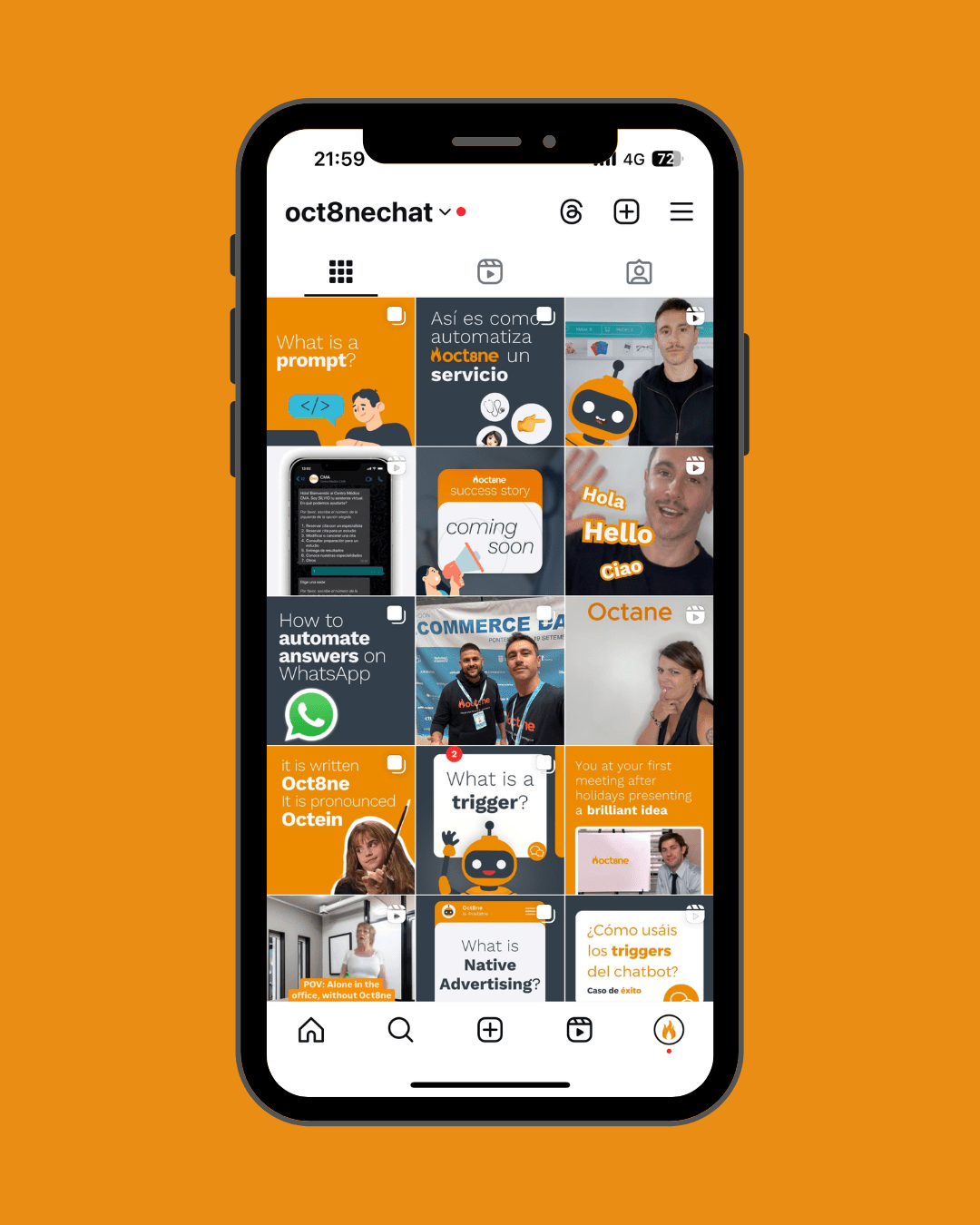 Feed de oct8ne, así es el diseño de redes sociales para oct8ne en Barcelona, Con los colores coroporativos, naranhja negro y azul.